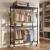 Rolling Heavy Duty Clothes Rack with Shelves, Metal Garment Rack with 2 Hanging Rods, Lockable Wheels & Side Hooks, Mobile Clothing Storage Organizer