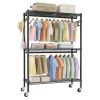 Rolling Heavy Duty Clothes Rack with Shelves, Metal Garment Rack with 2 Hanging Rods, Lockable Wheels & Side Hooks, Mobile Clothing Storage Organizer