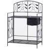 Black Metal Potting Bench with Wrought Iron Vine Details and Fabric Potting Sink
