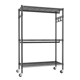 Rolling Heavy Duty Clothes Rack with Shelves, Metal Garment Rack with 2 Hanging Rods, Lockable Wheels & Side Hooks, Mobile Clothing Storage Organizer
