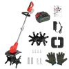 21V Electric Cordless Tiller Cultivator Powered Garden Tiller with 4 Blades 16 Steel Tines 550W 300RPM 4000mAh Battery Tilling 9-in Width & 9-in Depth