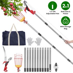 2-in-1 Pole Saw & Fruit Picker with 1.3-13FT Extendable Stainless Steel Pole Manual Tree Pruner with 65Mn Steel Blade Fruit Picking Basket Storage Bag
