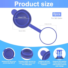 6Pcs Outdoor 3/5 Gallon Water Bottle Caps, Food Grade Silicone Replacement Lids with 3-Layer Sealing, Leak-Proof Odorless Jug Caps for Camping, P