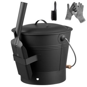 Ash Bucket, 4 PCS with Lid, Shovel, Broom and Gloves, Metal Fireplace Charcoal Bucket and Ash Can, 2.6 GAL Large Capacity for Fireplace, Fire Pits