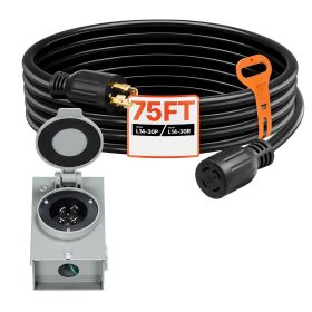 30 Amp Generator Cord and Power Inlet Box, 75 FT, 125/250V NEMA L14-30P to L14-30R Heavy Duty Extension Power Cord, SJTW 10 Gauge 7500W