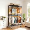 Heavy Duty Rolling Clothes Rack, Metal Garment Rack with 3 Adjustable Shelves, 2 Hanging Rods & Side Hooks, Mobile Clothing Storage Organizer with Loc