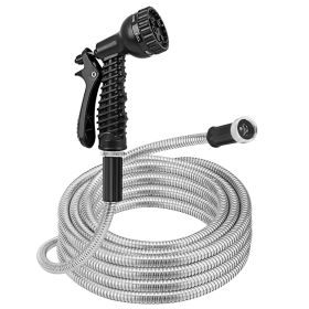 25FT/50FT/100FT Heavy Duty Stainless Steel Garden Hose Garden Watering Kit Metal Water Hose with 2 Nozzles 12 Patterns Flexible Extendable Kink Tangle (Option: METALWATERHOSE(25FT)GPCT4792)