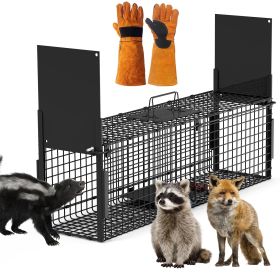 40in 2 Door Live Animal Cage Trap For Animals Under 18LBS Easy To Setup Humane Galvanized Iron Trap Cage For Raccoons Armadillos Foxes Opossums Muskra (Option: TRAPCAGE(LBLACKGLOVE)GPCT5140)
