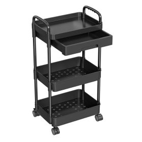 3 Tier Rolling Utility Cart Movable Storage Organizer with Drawer Lockable Wheels 360 Degree Rotatable Hallow Design for Bedroom Bathroom Kitchen (Option: ROLLCART(BLACK3TIER)GPCT4393)