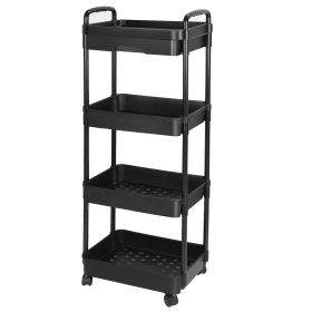 4 Tier Rolling Utility Cart Movable Storage Organizer with Drawer Lockable Wheels 360 Degree Rotatable Hallow Design for Bedroom Bathroom Kitchen (Option: ROLLCART(BLACK4TIER)GPCT4393)