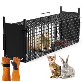 32in 2 Door Live Animal Cage Trap For Animals Under 12LBS Easy To Setup Humane Galvanized Iron Trap Cage For Rabbits Groundhogs Skunk Opossums Nutria (Option: TRAPCAGE(MBLACKGLOVE)GPCT5140)