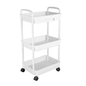 3 Tier Rolling Utility Cart Movable Storage Organizer with Drawer Lockable Wheels 360 Degree Rotatable Hallow Design for Bedroom Bathroom Kitchen (Option: ROLLCART(WHITE3TIER)GPCT4393)